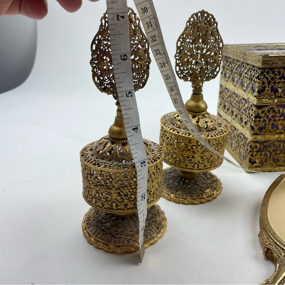 Vintage Filigree 6 Pc Vanity Set Hair Brush Hand Mirror & Perfume Tray Gold Tone - Picture 10 of 12